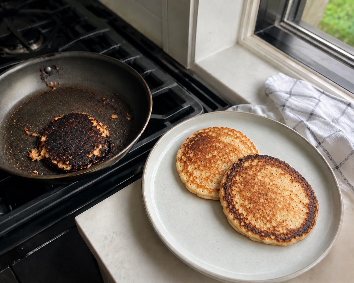 Two slightly over-browned pancakes on a plate and one burnt pancake in the pan
