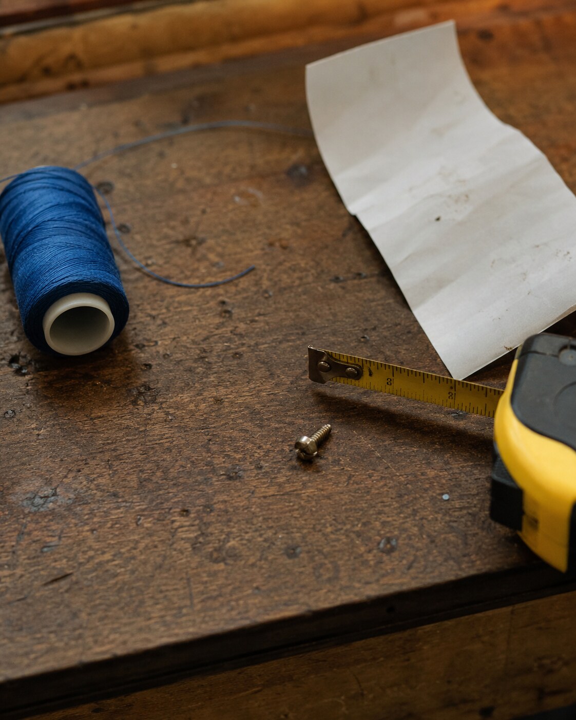 A tiny screw beside thread and a measuring tape