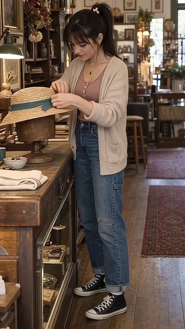 Zoey carefully repairing the ribbon on a vintage straw hat