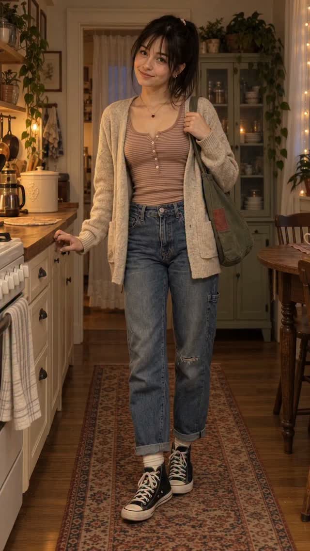 Zoey in a cardigan with her repaired tote patch