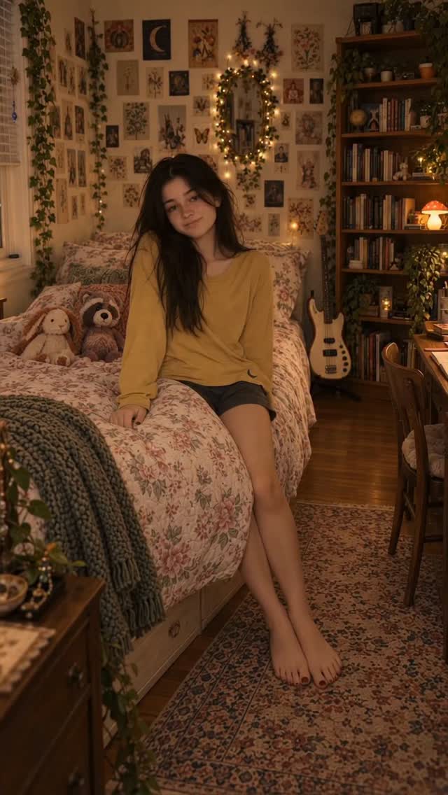 Zoey in a soft yellow shirt with a rabbit at bedtime