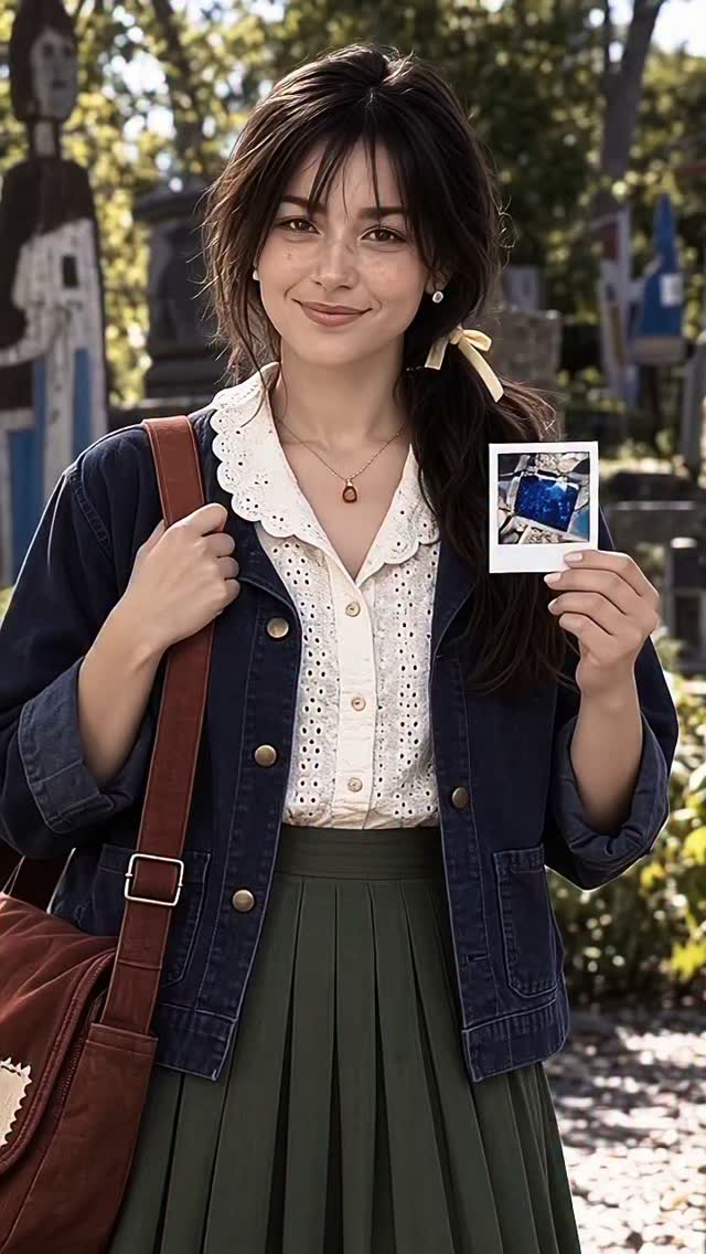 Zoey holding a Polaroid near a blue glass tile in the sculpture garden