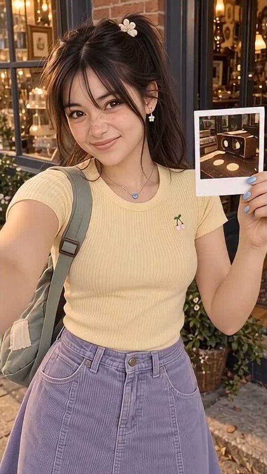 Zoey presenting a Polaroid of a vintage stereoscope