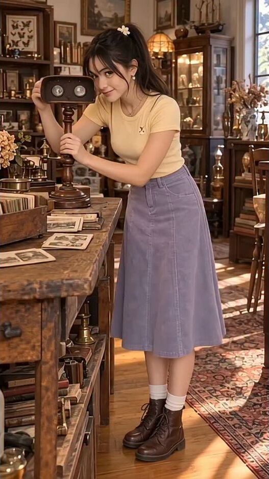 Zoey showing a vintage stereoscope for sale in the shop