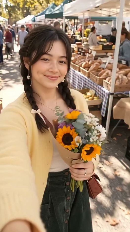 Zoey at the farmers market with flowers and groceries