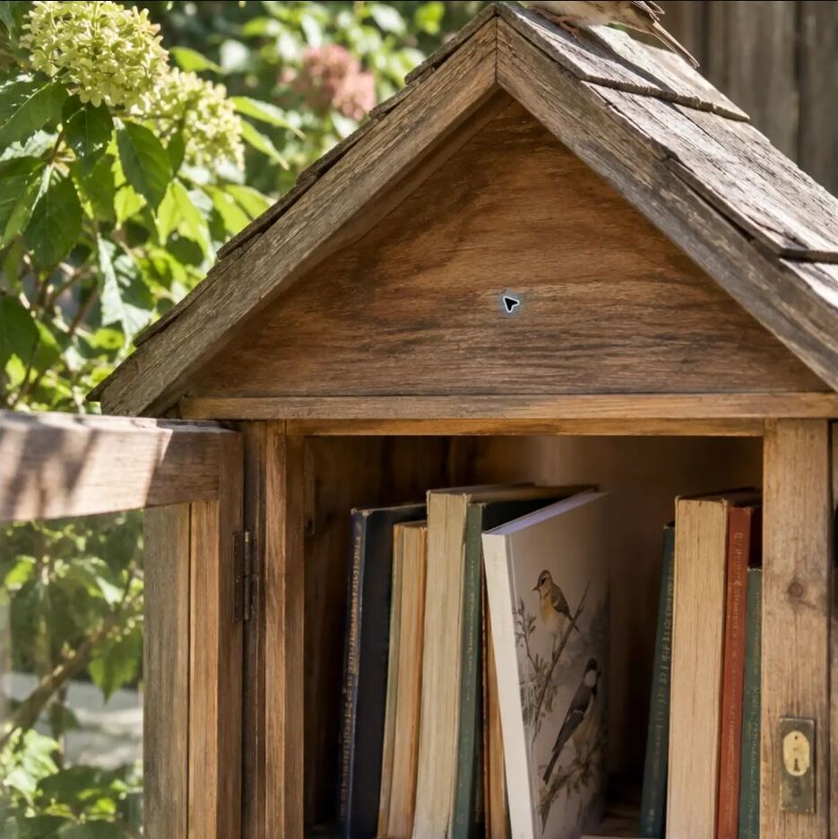 A tiny wooden neighborhood book cabinet