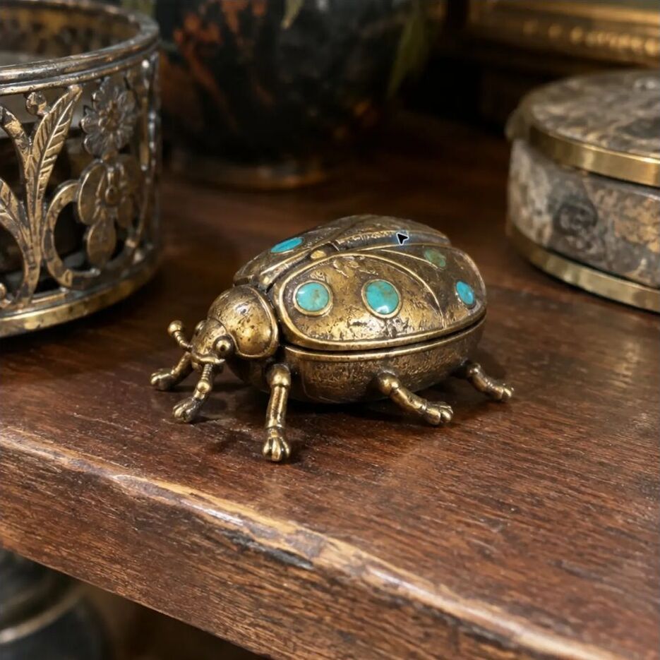 A small brass beetle ornament on a shop shelf
