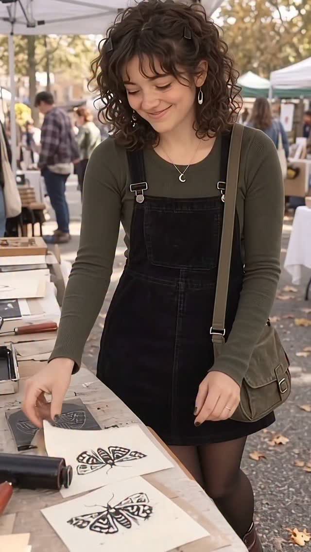 Zoey at an outdoor market holding a moth print