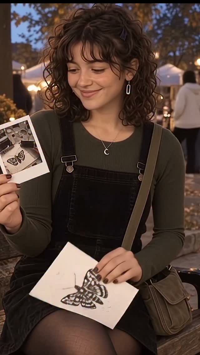 Zoey holding a Polaroid of a moth print