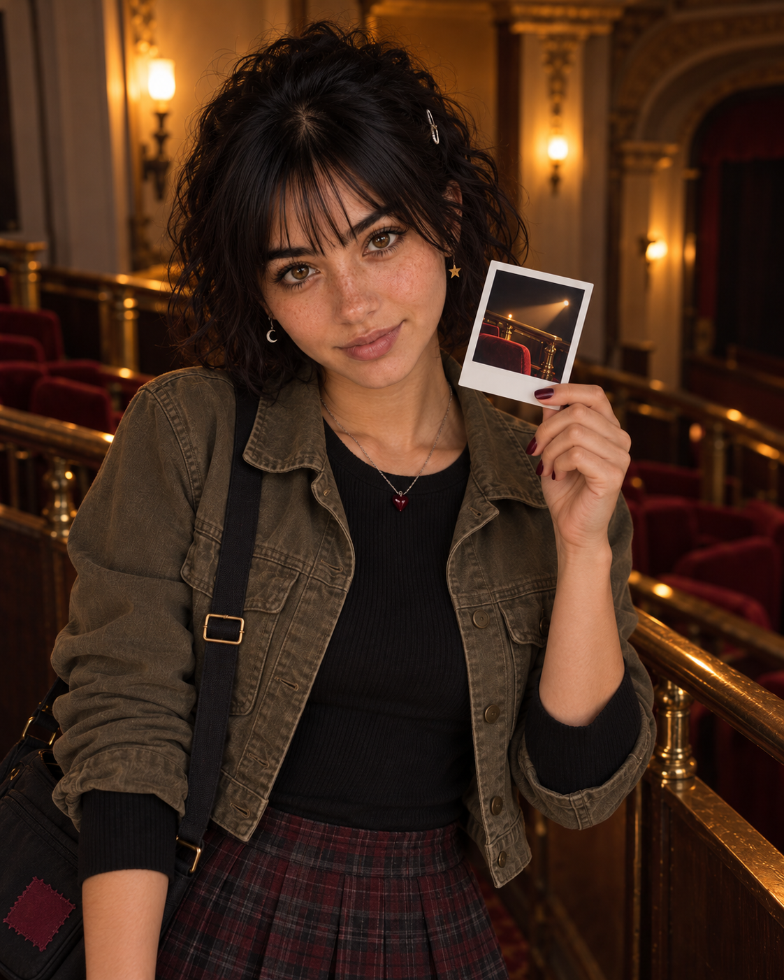 Zoey holding one blank-bordered Polaroid in an old theater balcony
