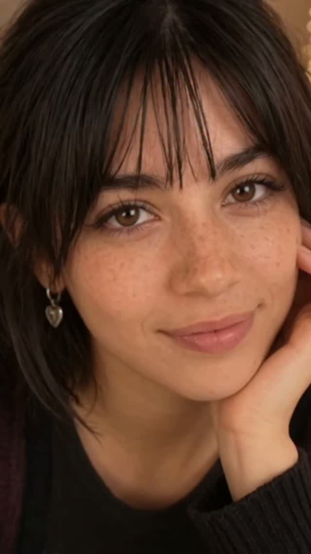 A close portrait of Zoey with dark hair, bangs, freckles, and a small heart earring