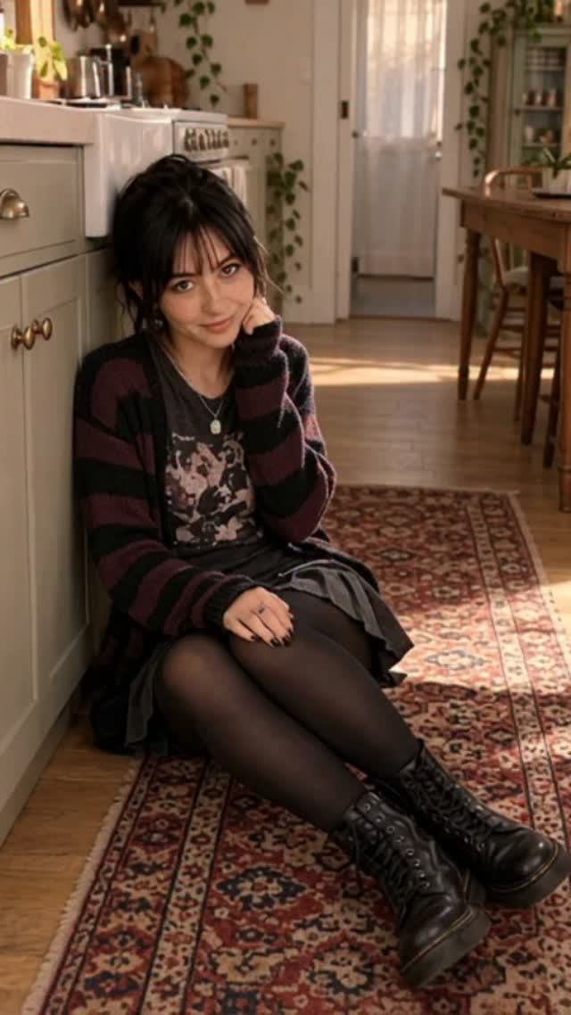 Zoey sitting on a patterned kitchen rug in a striped cardigan, skirt, tights, and boots
