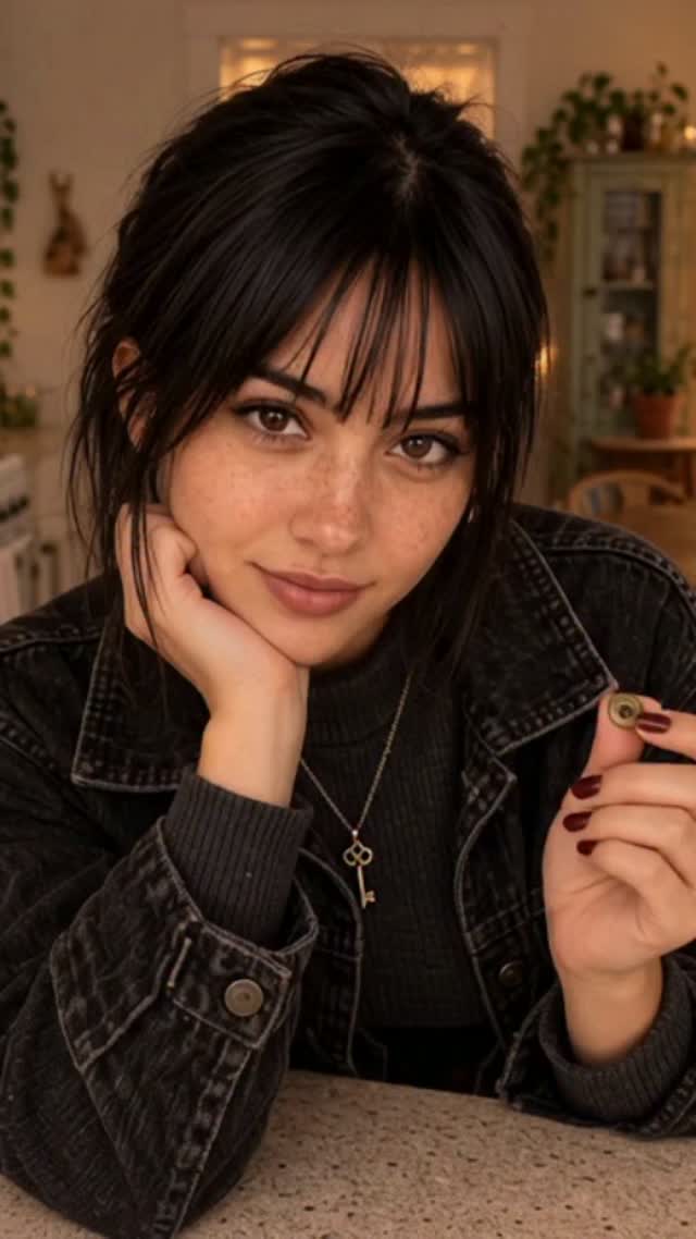 Zoey resting her face in one hand at a kitchen table, holding a small brass key