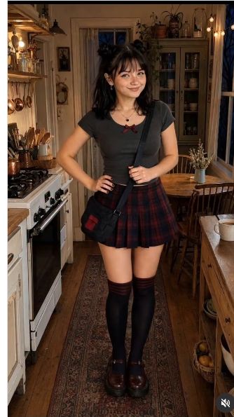 Zoey's dark outfit fit check beside a bench with a Polaroid