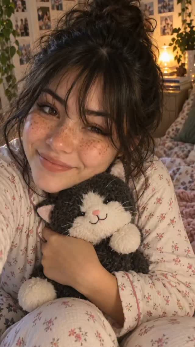 Zoey in pajamas holding a black cat plush
