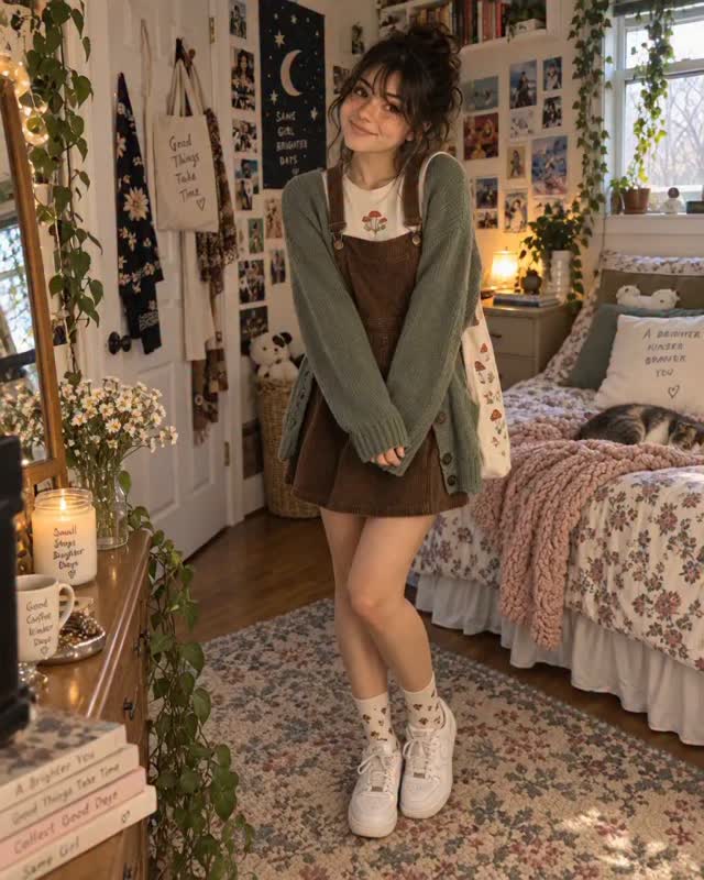 Zoey in a cottagecore fit at home