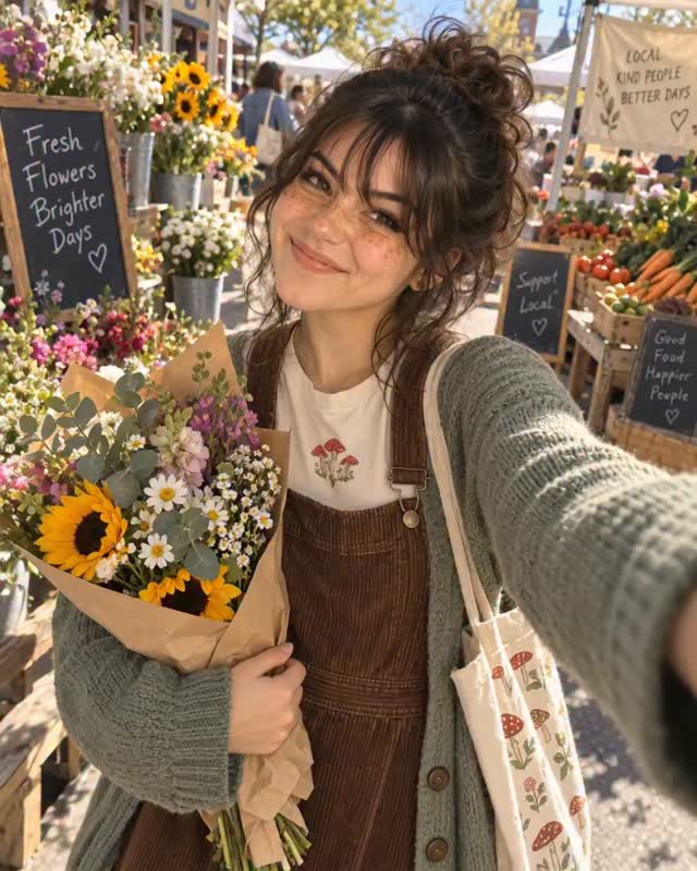 Zoey holding a bouquet at the flower market