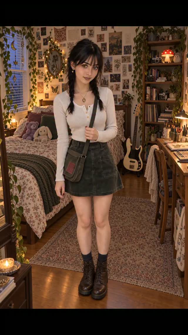 Zoey in a white top and dark skirt with her crossbody bag