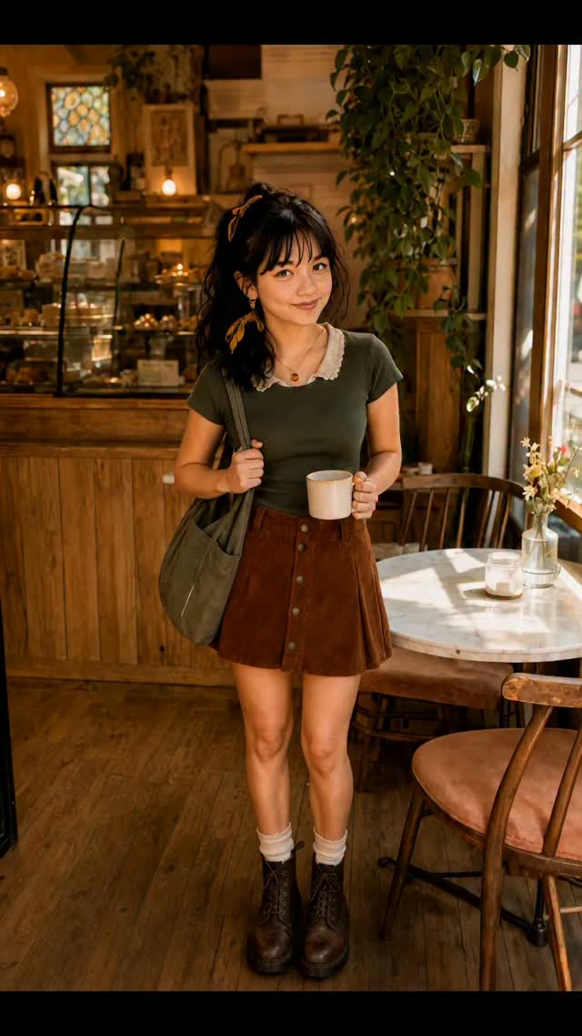 Zoey in a forest-green top and rust corduroy skirt