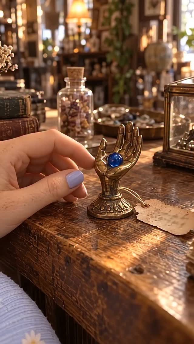 A small blue stone held in a brass hand-shaped holder