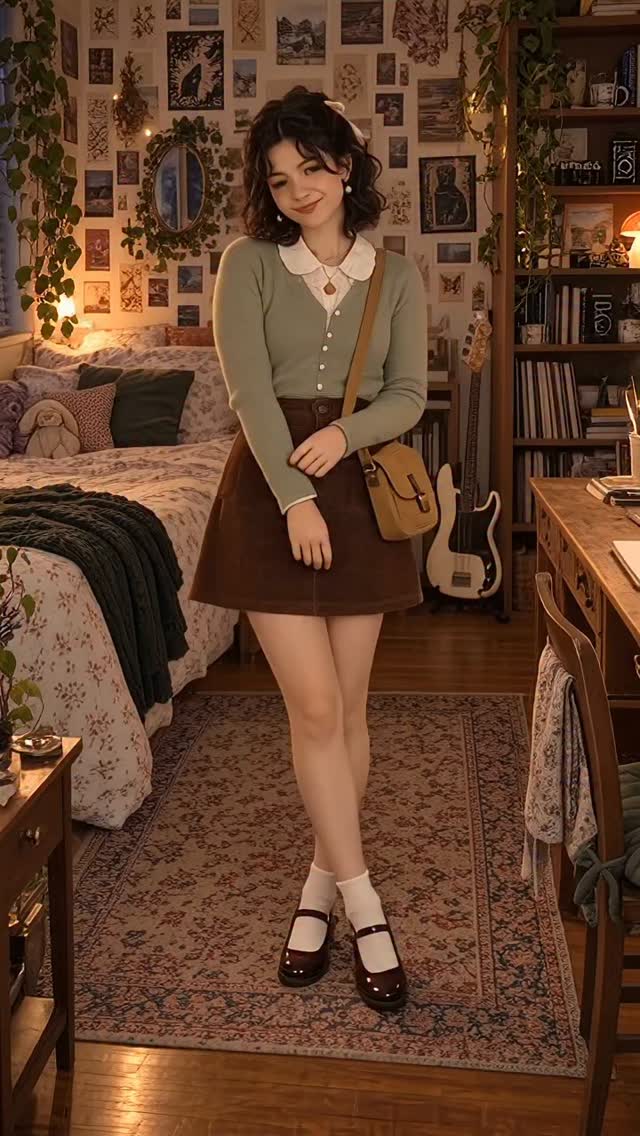 Zoey in a green cardigan and brown skirt in her room