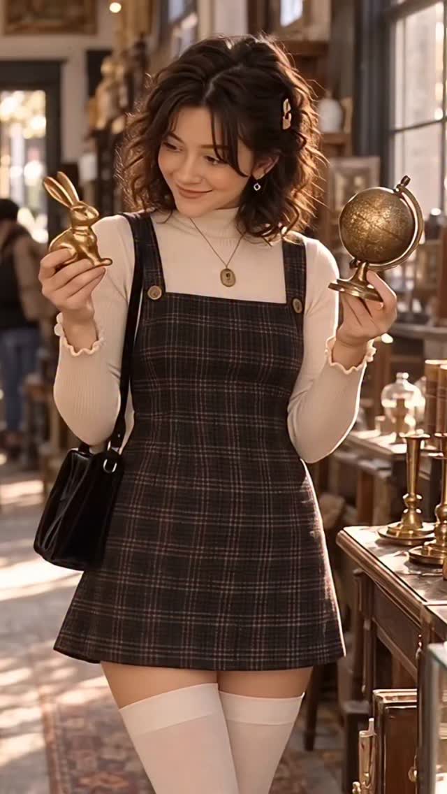 Zoey holding two small brass objects in a shop