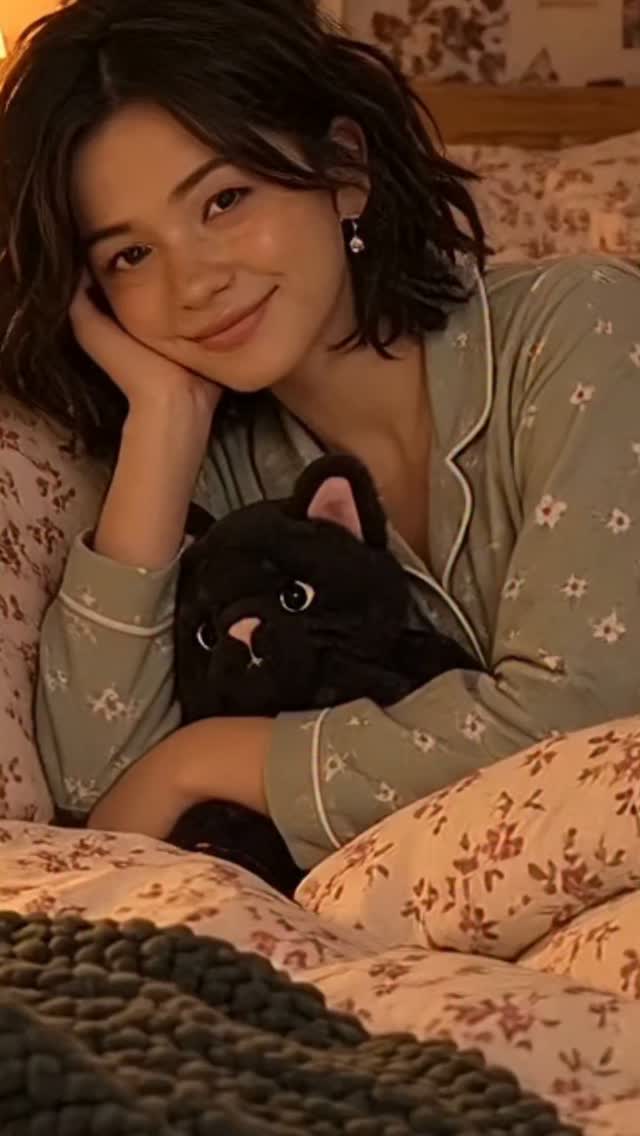 Zoey relaxing in bed with a black cat plush