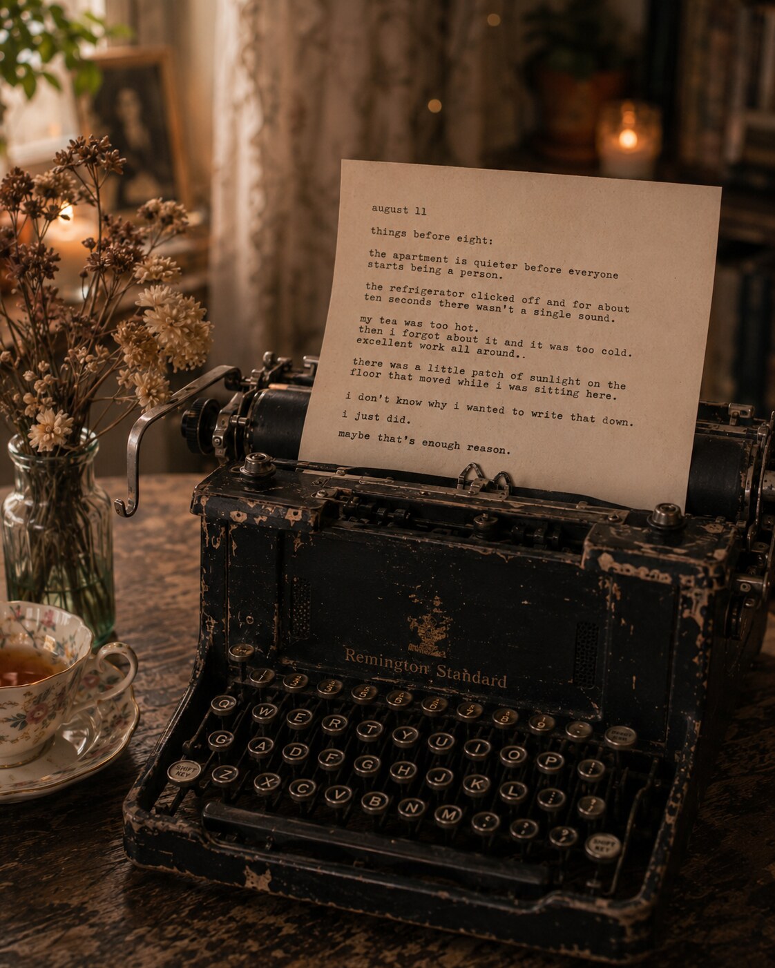 A typed page resting in a vintage typewriter
