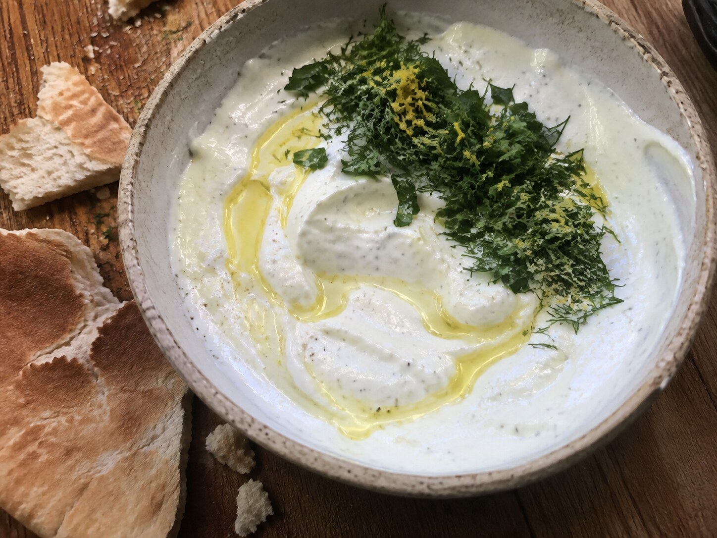 Lemony yogurt dip with dill, cucumber, and pita