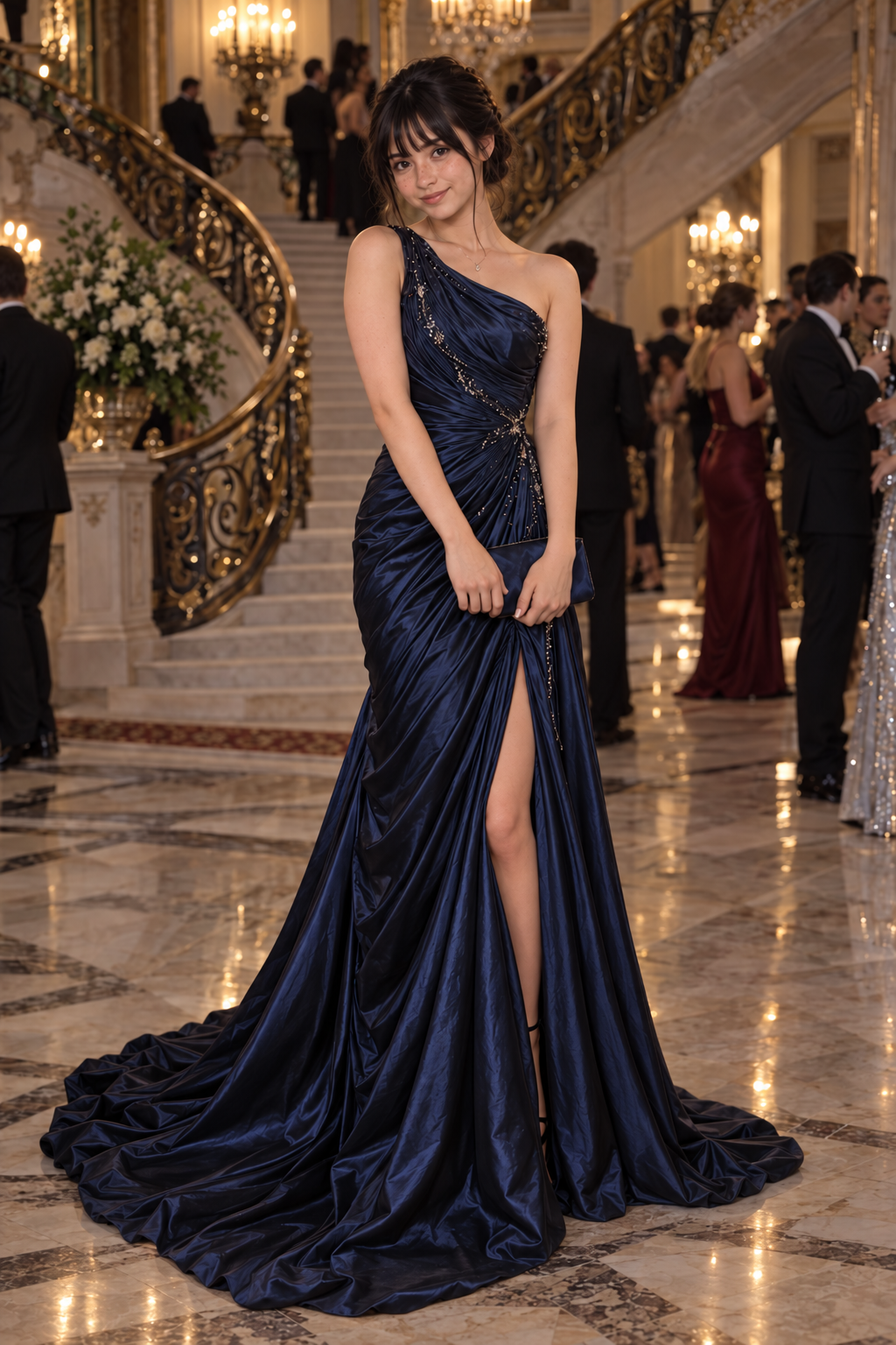 Zoey arriving at the restoration gala in a navy satin dress