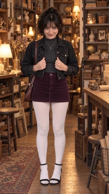 Zoey in a charcoal top, washed-black jacket, deep-plum skirt, and white tights at the curio shop