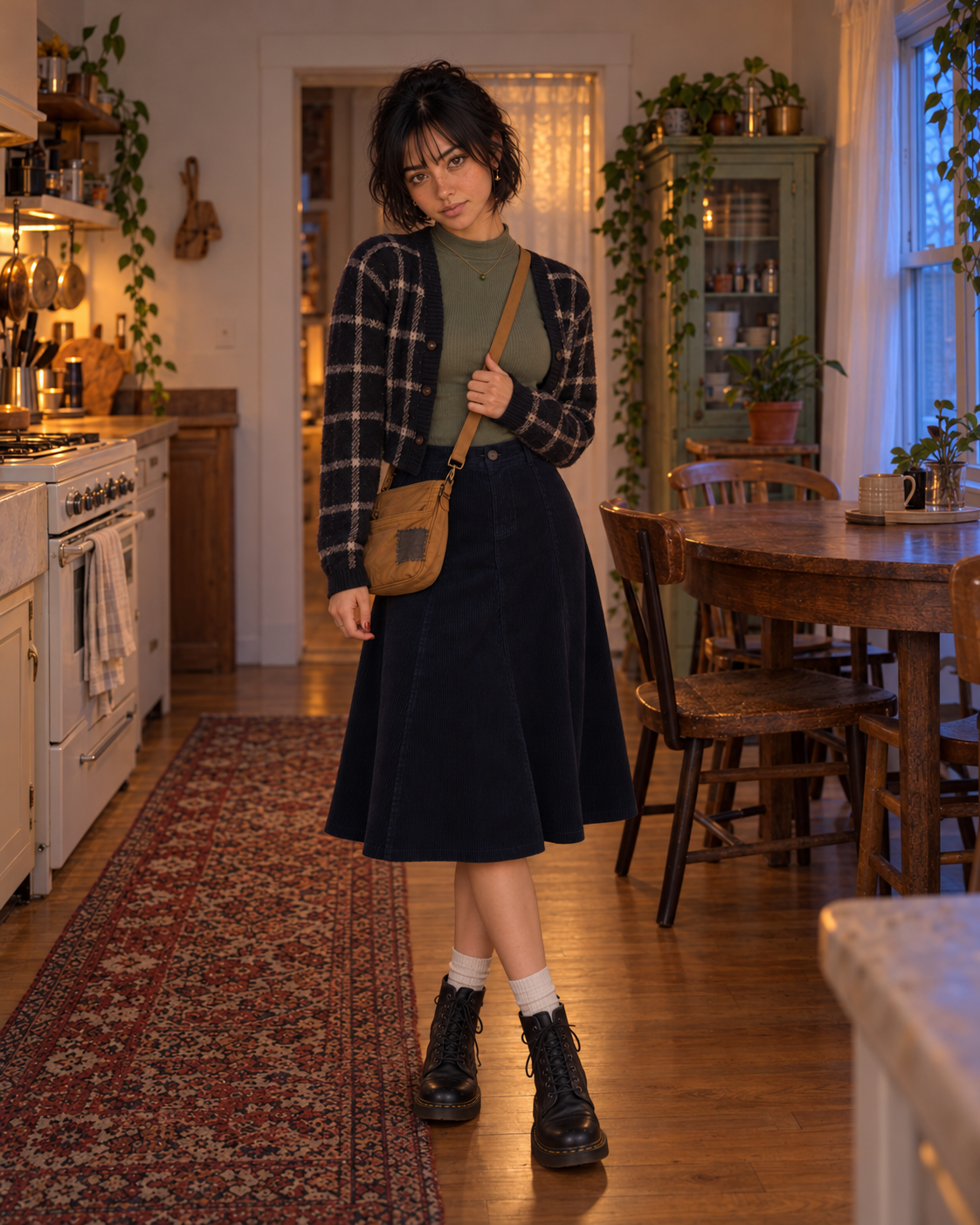 Zoey in a faded-sage mock-neck, plaid cardigan, and deep navy corduroy skirt in her vintage kitchen